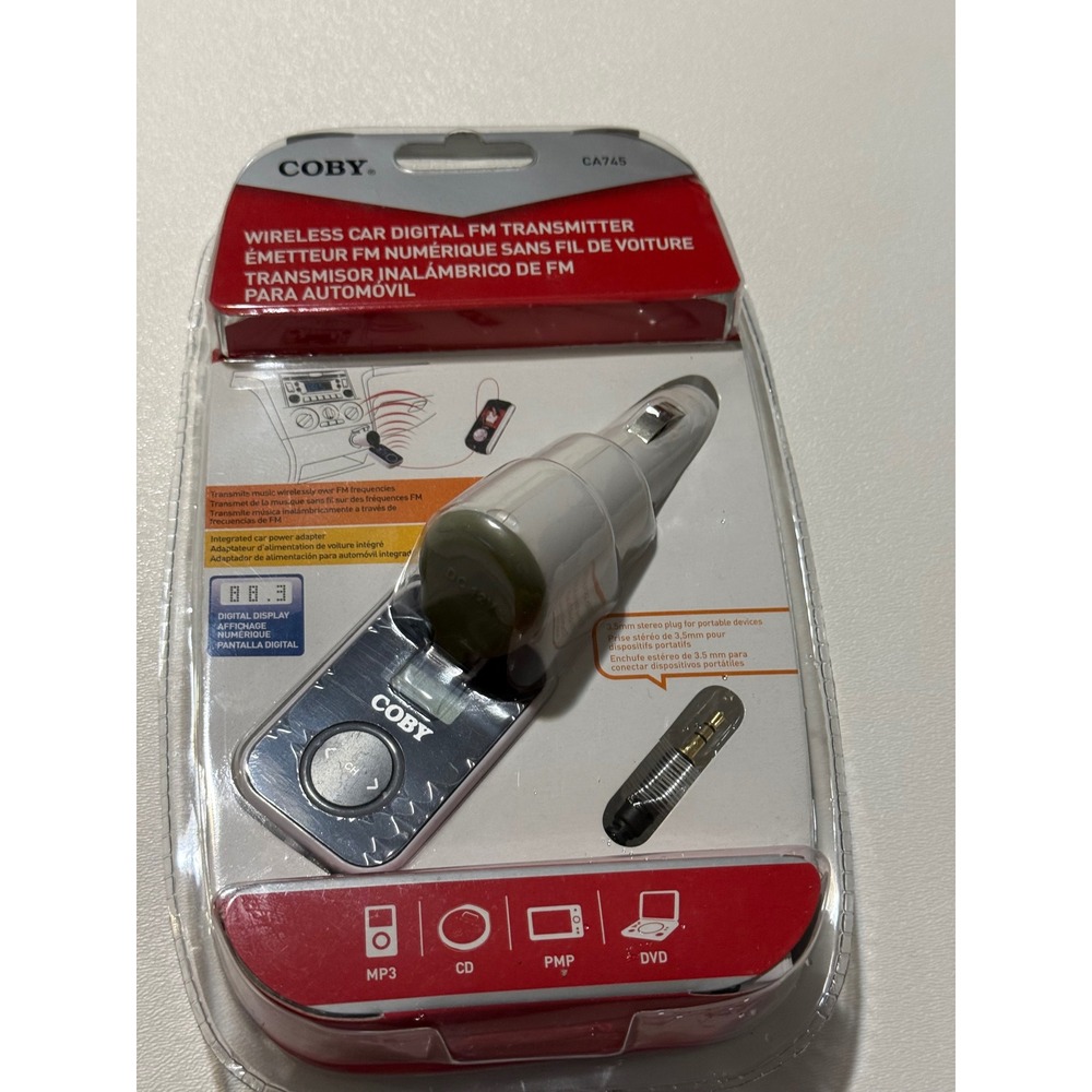 Coby CA745 Wireless Car Digital FM Transmitter LCD Display 3.5mm Aux Adapter NEW